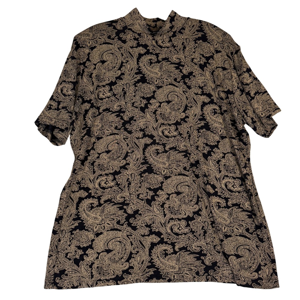 Frazier Lawrence Woman Paisley Mock Neck Top Black Gold 1X Made in USA Vintage